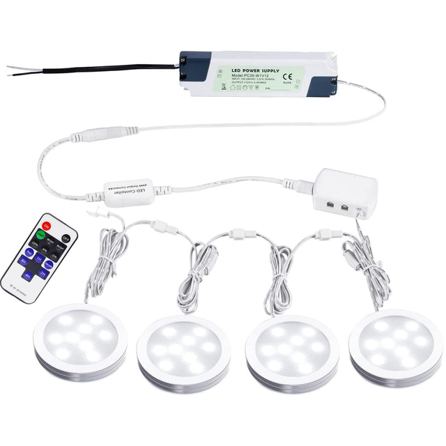 Aiboo linkbar LED underkabinettelys hardwired 12V slank aluminium dæmpbar pucklys med fjernbetjening til belysning af skabe (4 lys, dagslys hvid, uden vægadapter)