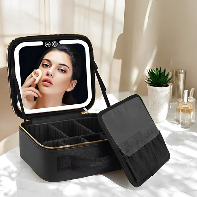 Rejse Makeup Taske med LED Spejl og Rummelig Opbevaring