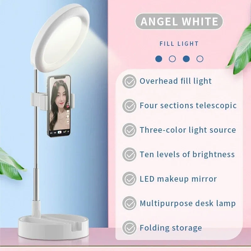 Selfie Ringlys med Makeup Spejl &amp; Telefonholder Kit
