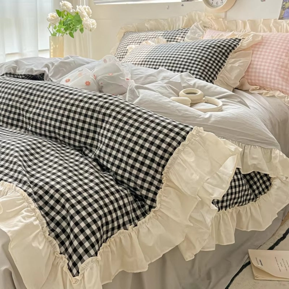Gingham Tjek Rynkede Kanter Sengetøj Sæt