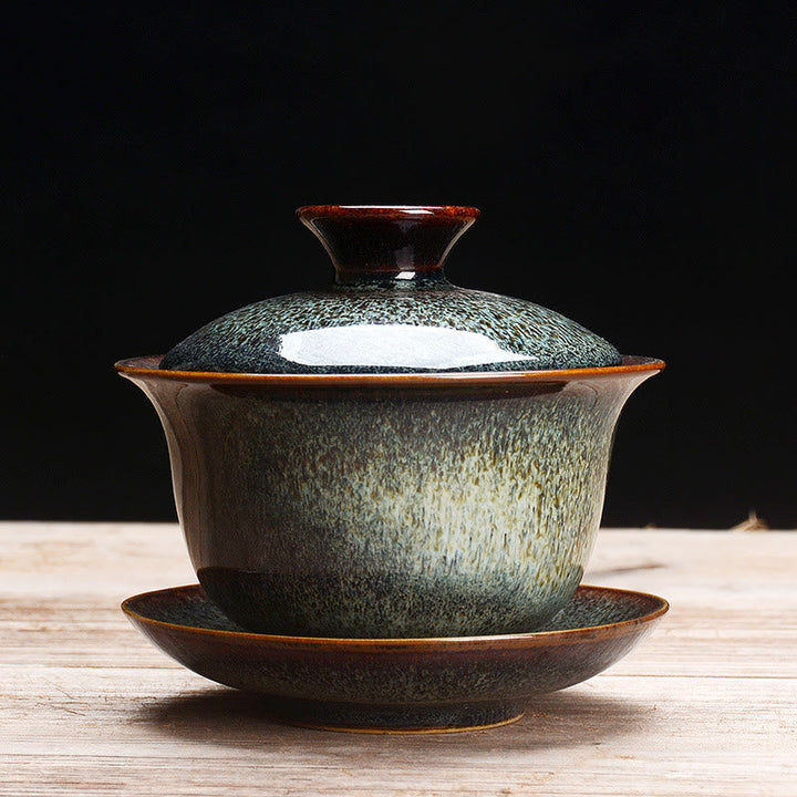 Vintage Keramisk Gaiwan Sancai Te Kop Te Kop og Underkop med Låg