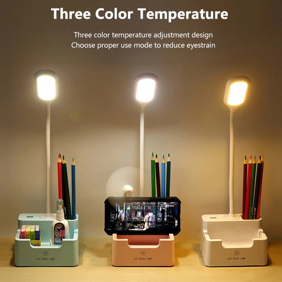Skrivebordslampe med telefonholder