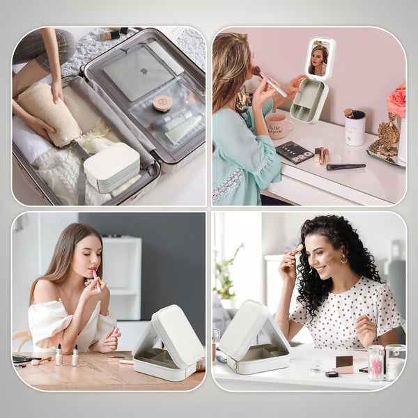 Bærbar Makeup Organizer — Kompakt LED Spejl med Justerbart Lys