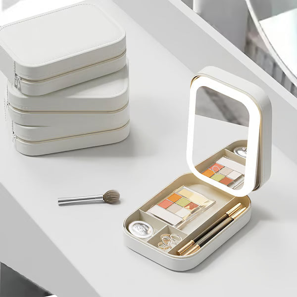 Bærbar Makeup Organizer — Kompakt LED Spejl med Justerbart Lys