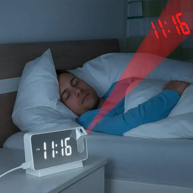 Projektions vækkeur | LED-display med spejloverflade | Dobbeltalarmer & Temperatur | 19 cm