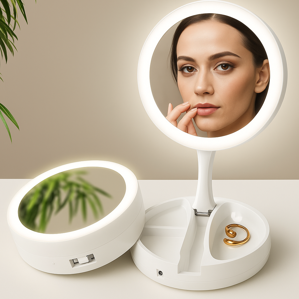 Dobbelt Sided Forstørrelsesspejl – LED Belysning – 10× Forstørrelse – Makeup &amp; Plukning