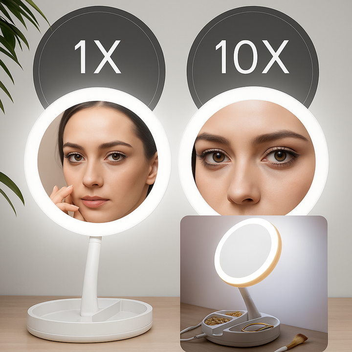 Dobbelt Sided Forstørrelsesspejl – LED Belysning – 10× Forstørrelse – Makeup &amp; Plukning