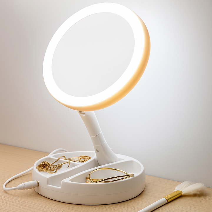 Dobbelt Sided Forstørrelsesspejl – LED Belysning – 10× Forstørrelse – Makeup &amp; Plukning