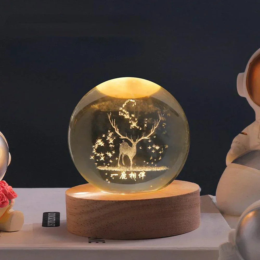 Nattelys med Træbund og Krystalbold Lampe