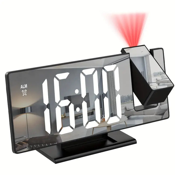 180° Justerbar LED Projektions Vækkeur – Snooze, 12/24T Tid &amp; Temperatur Display, Spejl Design – USB Drevet, Nattelys &amp; Hukommelsesfunktion