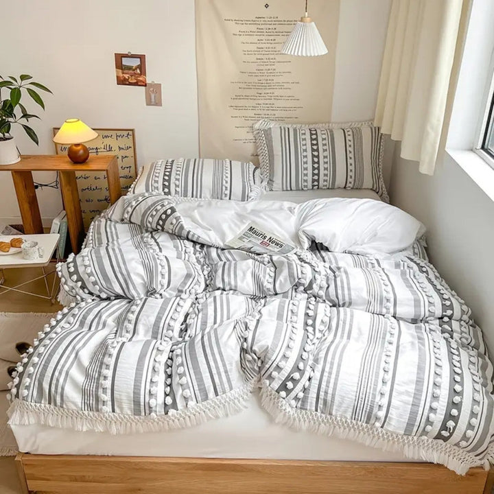 Blød Stribe og Frynse Duvet Sæt | 3 dele