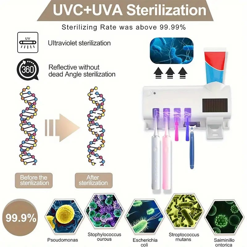 Smart UV Lys Sterilisator Tandbørsteholder, Væghængt Tandpastadispenser