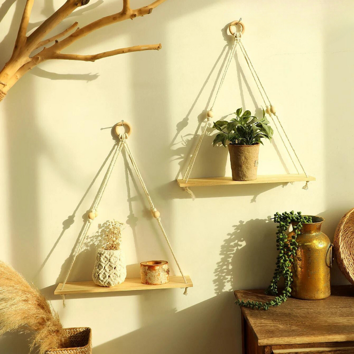 Væg hylde – Træ – Hængende hylder – Boho hjemmeindretning – Rumsdekoration