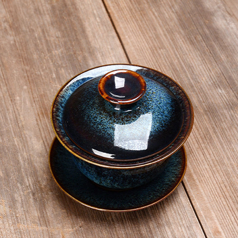 Vintage Keramisk Gaiwan Sancai Te Kop Te Kop og Underkop med Låg