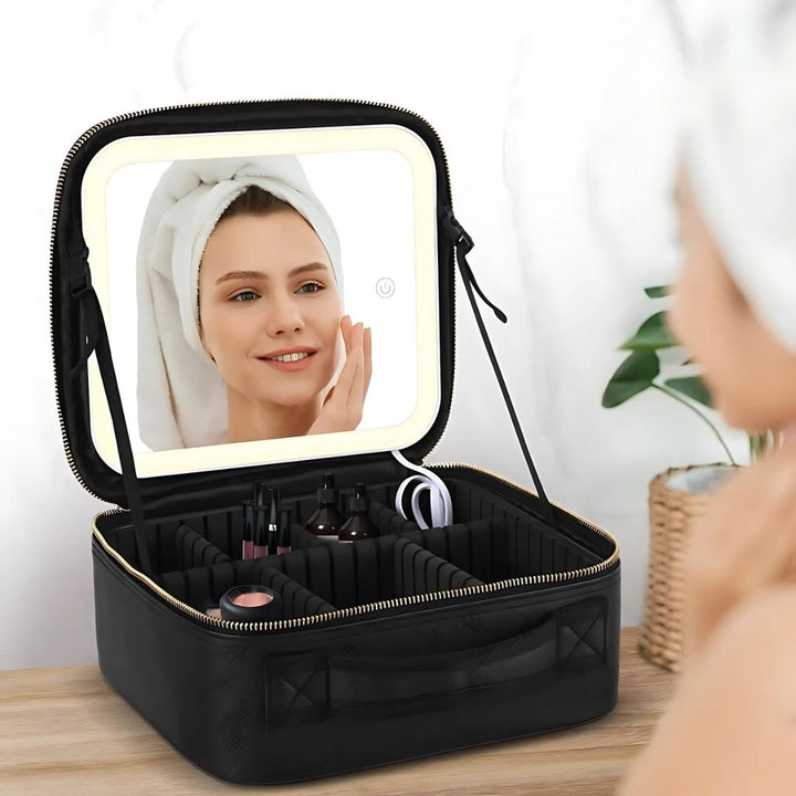 GlamOrganize | Makeup &amp; Toiletry Bag - Kosmetisk Organizer - LED Spejl - Kompakt Opbevaring til Makeup og Hudpleje - Rejsevenlig
