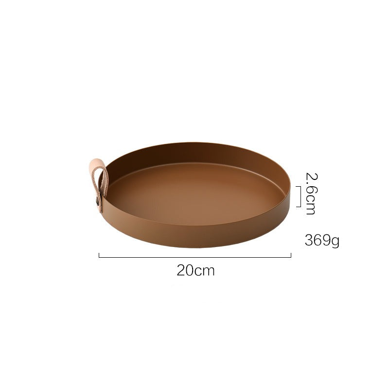Nordisk Stil Læderhåndtag Smedet Jern Rund Bakke Farve Opbevaringsplade Vandglas Plade Hjemmeindretning
