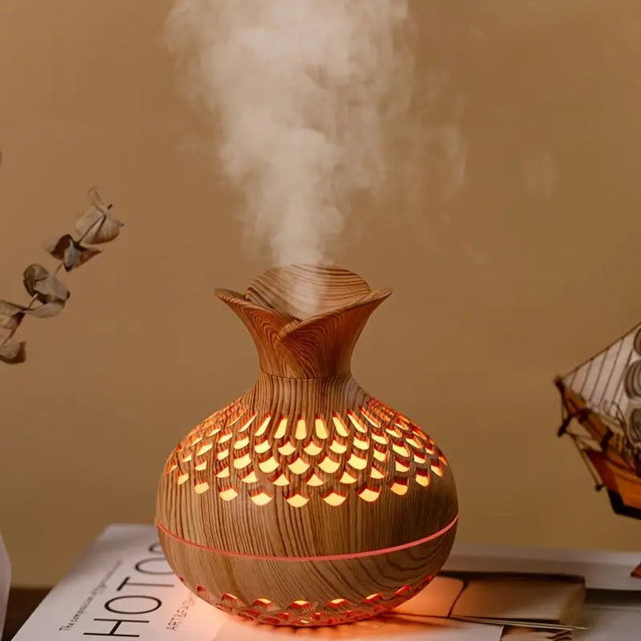 Aromaterapi luftfugter med LED – Diffuser i trælook &amp; natlys