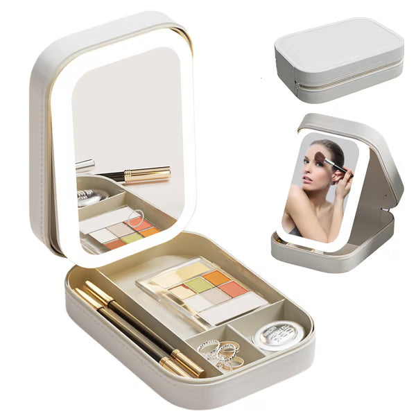 Bærbar Makeup Organizer — Kompakt LED Spejl med Justerbart Lys