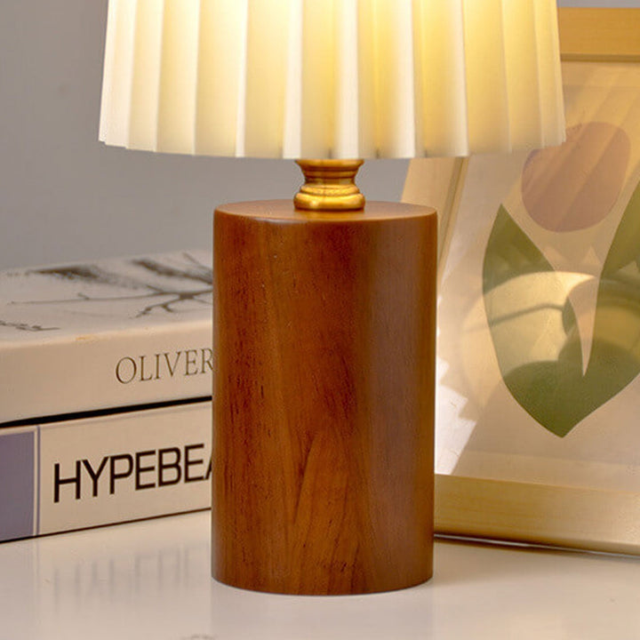 Vintage Koreansk Plisseret Kolonne Solid Træbase 1-Lys Bordlampe