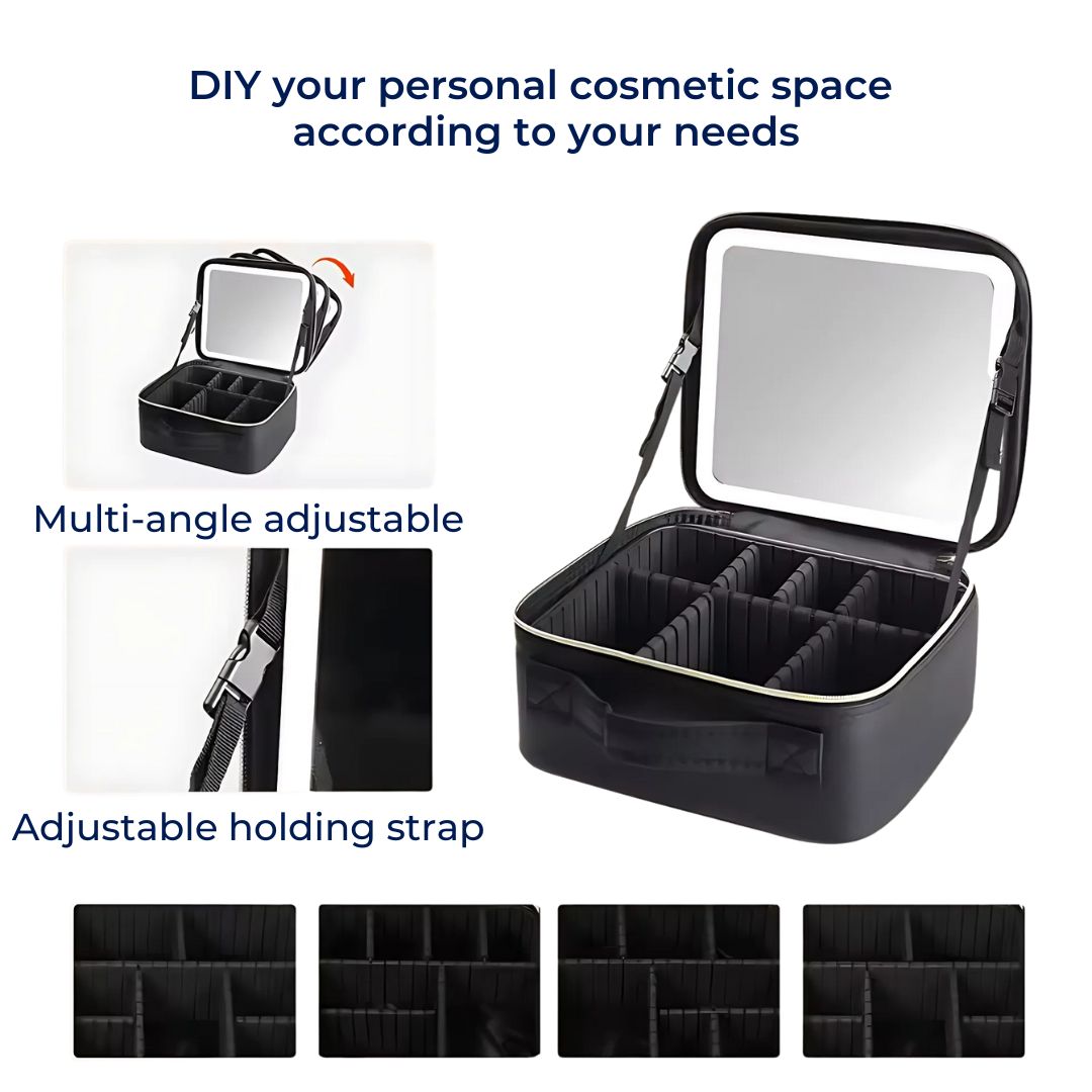 GlamOrganize | Makeup &amp; Toiletry Bag - Kosmetisk Organizer - LED Spejl - Kompakt Opbevaring til Makeup og Hudpleje - Rejsevenlig