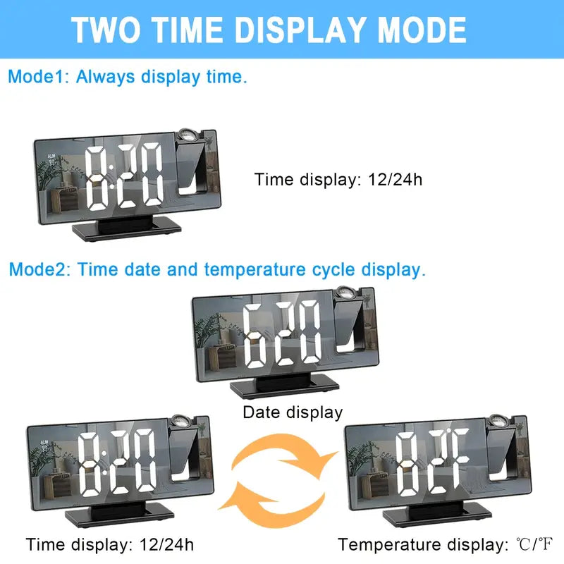 180° Justerbar LED Projektions Vækkeur – Snooze, 12/24T Tid &amp; Temperatur Display, Spejl Design – USB Drevet, Nattelys &amp; Hukommelsesfunktion