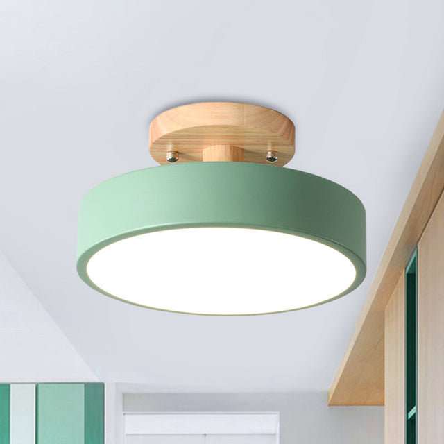 Skandinavisk LED Loftlampe med Træ | Moderne Trommeform til Gang og Indgange | Energi-Effektiv Belysning