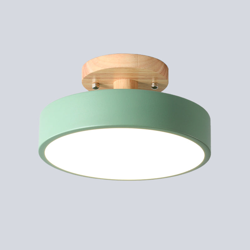 Skandinavisk LED Loftlampe med Træ | Moderne Trommeform til Gang og Indgange | Energi-Effektiv Belysning