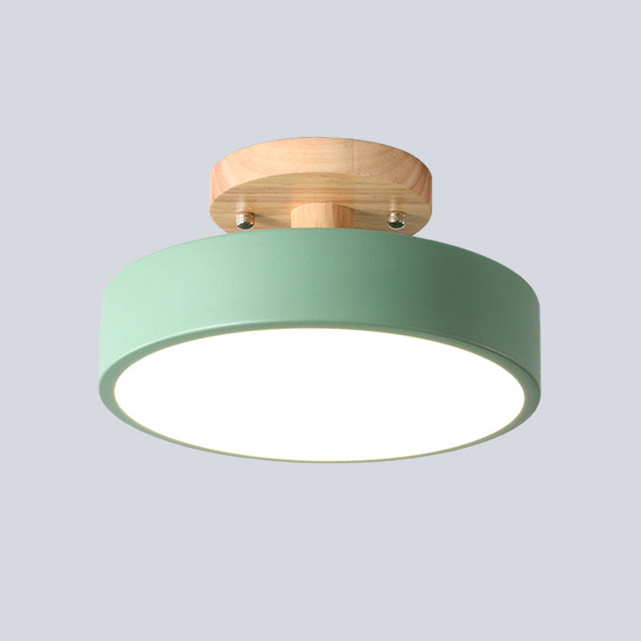 Skandinavisk LED Loftlampe med Træ | Moderne Trommeform til Gang og Indgange | Energi-Effektiv Belysning