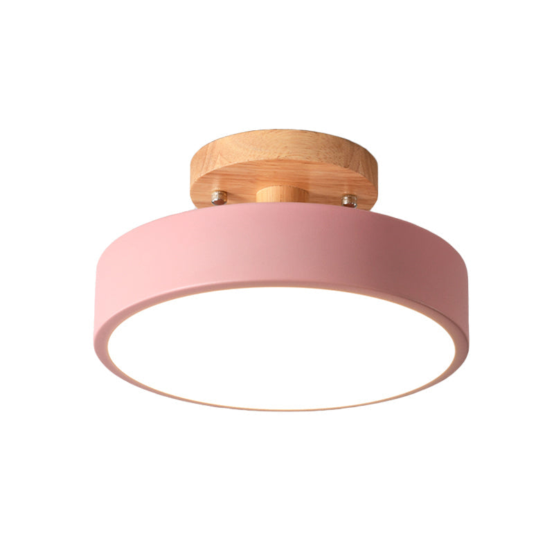 Skandinavisk LED Loftlampe med Træ | Moderne Trommeform til Gang og Indgange | Energi-Effektiv Belysning