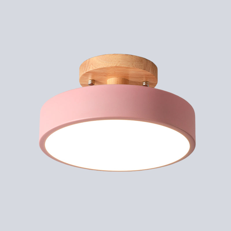 Skandinavisk LED Loftlampe med Træ | Moderne Trommeform til Gang og Indgange | Energi-Effektiv Belysning