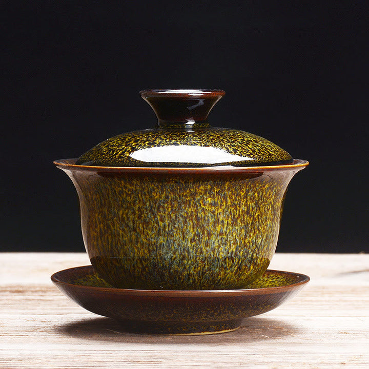 Vintage Keramisk Gaiwan Sancai Te Kop Te Kop og Underkop med Låg