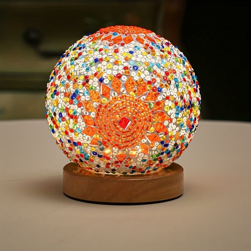 Mosaik glas kugle bordlampe med træbase - Tyrkisk marokkansk inspireret