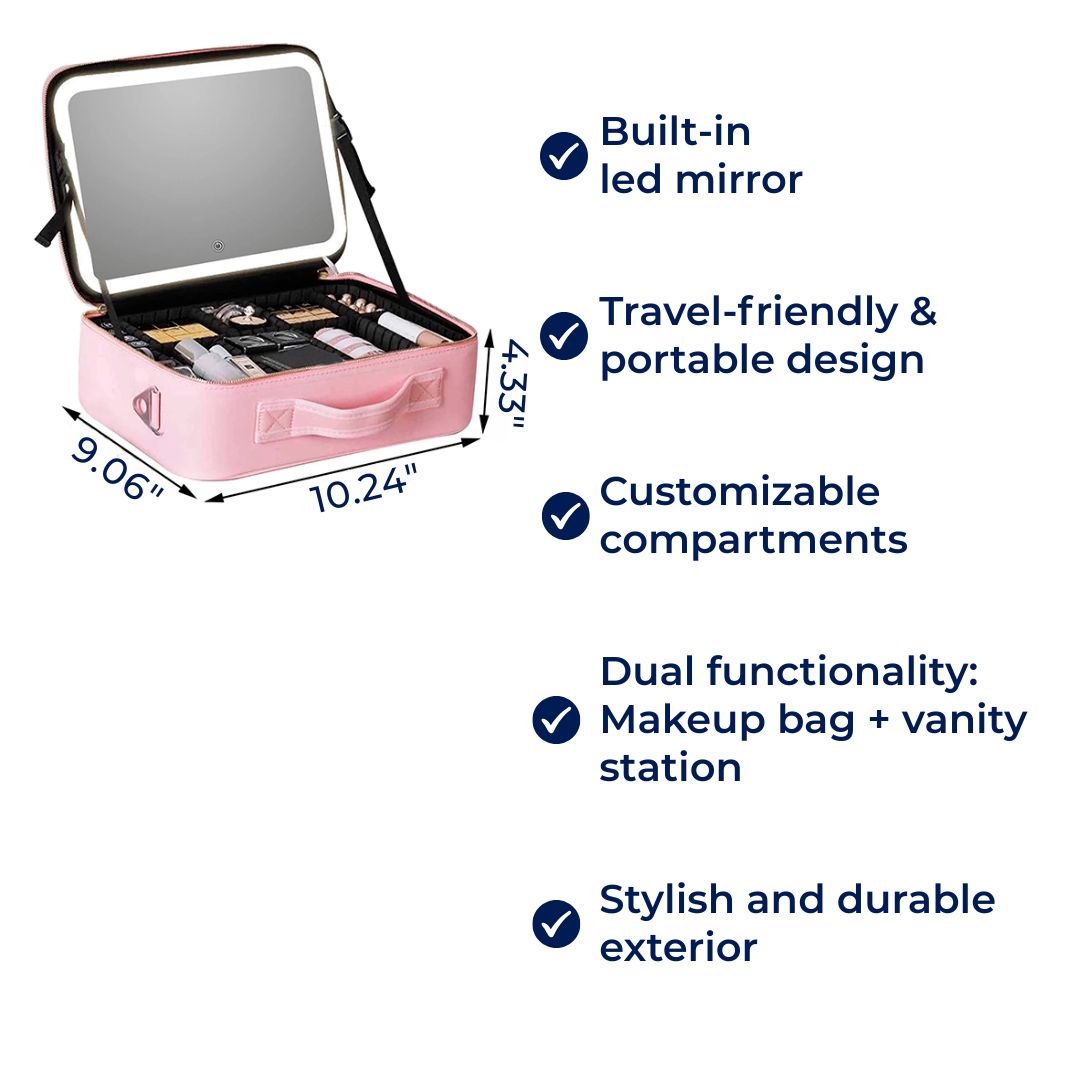 GlamOrganize | Makeup &amp; Toiletry Bag - Kosmetisk Organizer - LED Spejl - Kompakt Opbevaring til Makeup og Hudpleje - Rejsevenlig