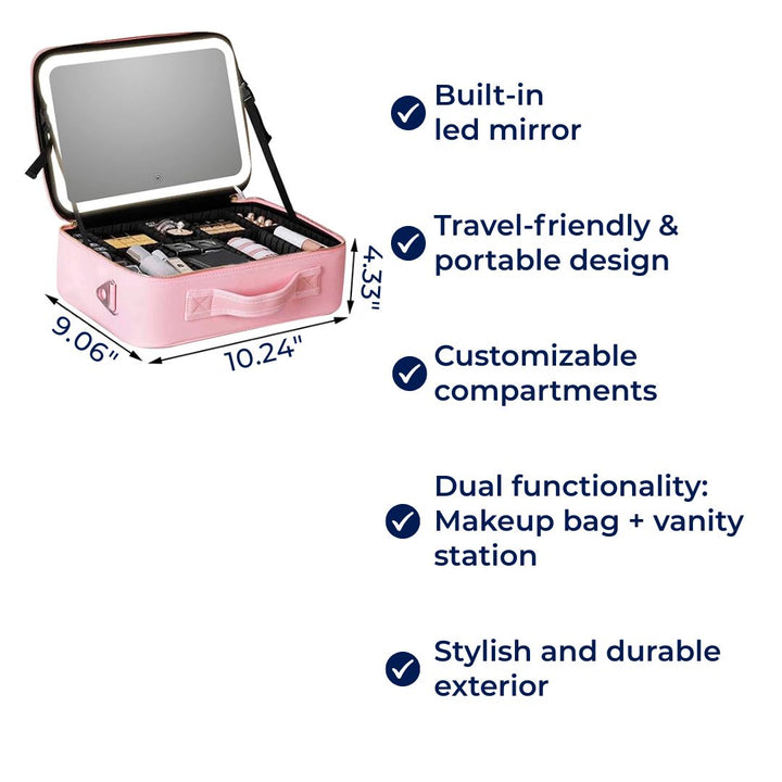 GlamOrganize | Makeup &amp; Toiletry Bag - Kosmetisk Organizer - LED Spejl - Kompakt Opbevaring til Makeup og Hudpleje - Rejsevenlig