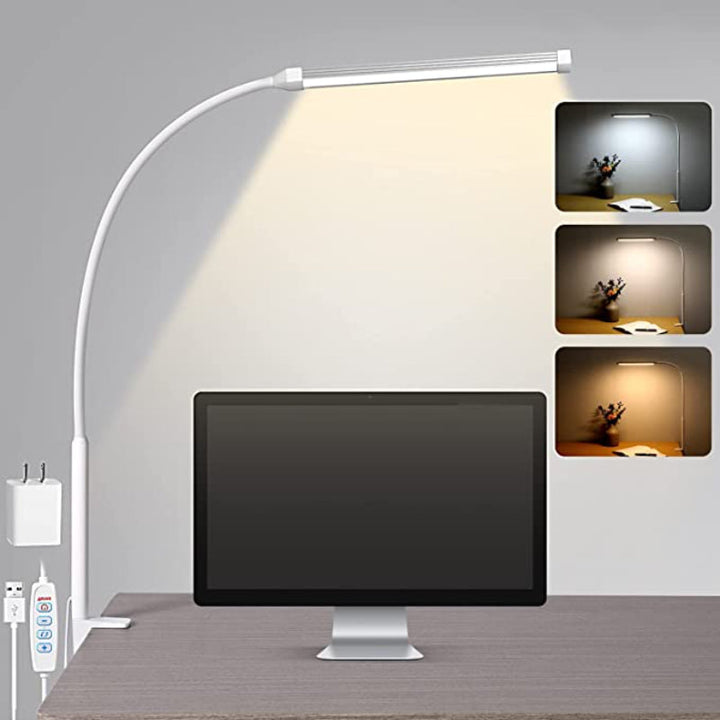 LED Skrivebordslampe med lampe, øjenvenlige Clip-On Lygter til Hjemmekontoret, 3 Tilstande 10 Lysstyrkeniveauer, lang fleksibel Gåsehaler, Metal, Svingarm Arkitekt Opgavelamper med USB Adapter, Hvid