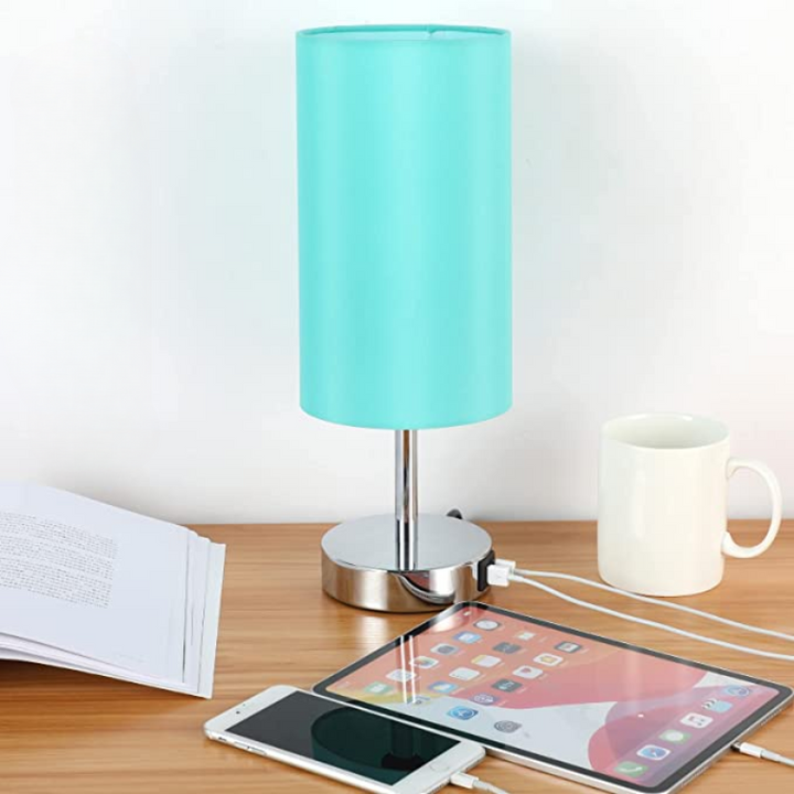 Lampe med USB-forbindelse Touch-Control Bordlampe til Soveværelse Træ 3-trins dæmpbar Sengelampe med Rund Linned Skærm til Stue, Studenterbolig, Hjemmekontor