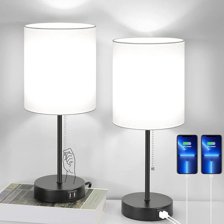 Bordlampe sæt af 2 med USB-opladningsporte, grå natlamper med AC-stik, natlamper med trækontakt, minimalistiske moderne skrivebordslamper med stofskærm til stue, soveværelse, kontor