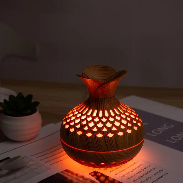 Aromaterapi luftfugter med LED – Diffuser i trælook &amp; natlys