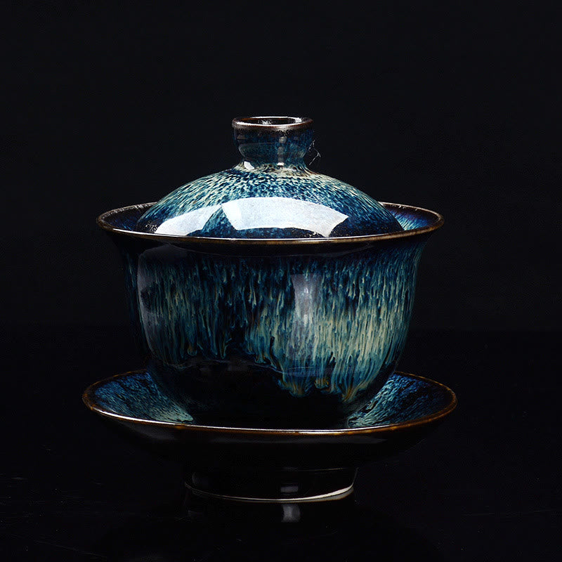 Vintage Keramisk Gaiwan Sancai Te Kop Te Kop og Underkop med Låg