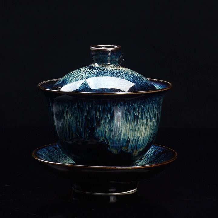 Vintage Keramisk Gaiwan Sancai Te Kop Te Kop og Underkop med Låg