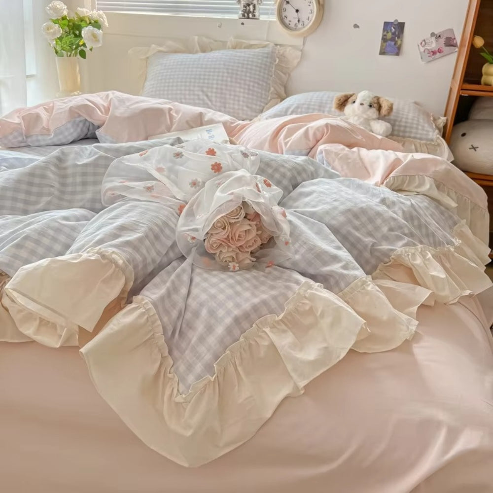 Gingham Tjek Rynkede Kanter Sengetøj Sæt