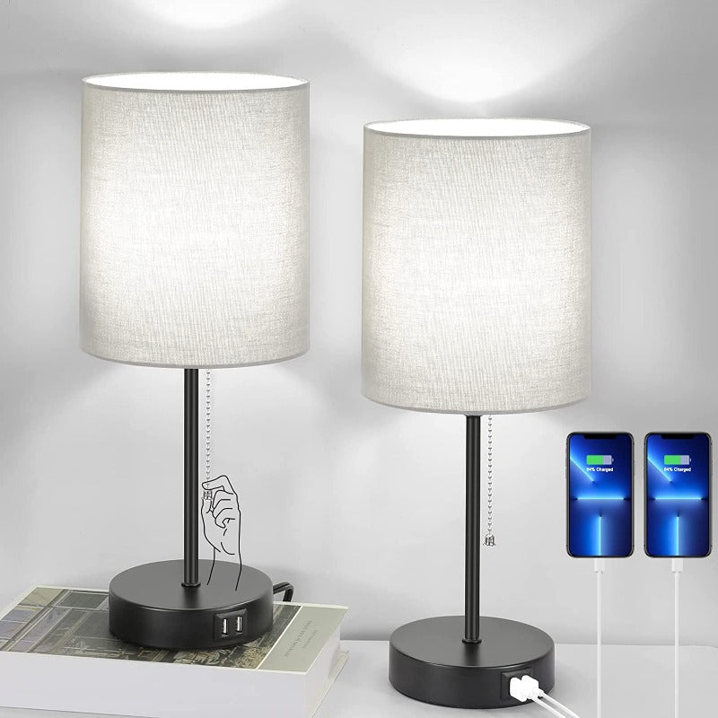 Bordlampe sæt af 2 med USB-opladningsporte, grå natlamper med AC-stik, natlamper med trækontakt, minimalistiske moderne skrivebordslamper med stofskærm til stue, soveværelse, kontor