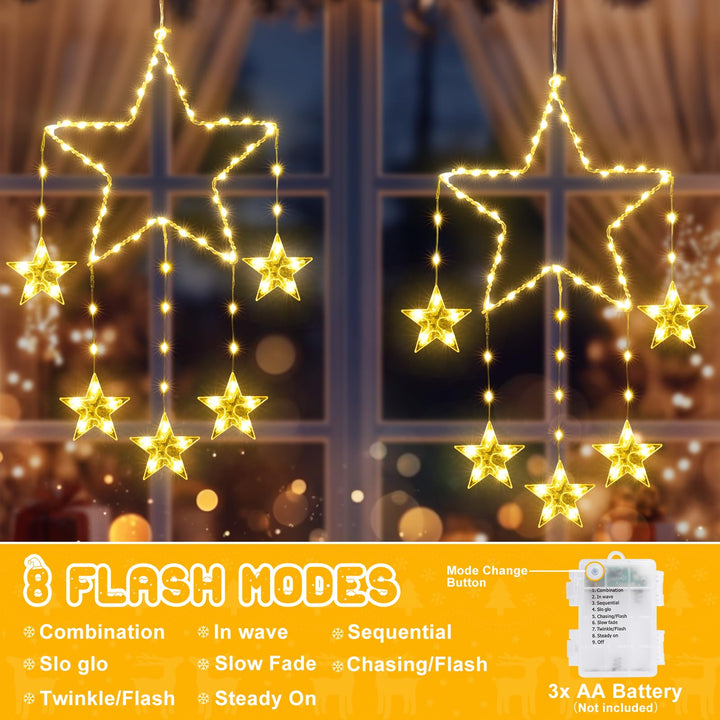 Quntis 2Pcs 95cm Store Julevindueslys, 84LED 12 Stjerner Batteridrevne Jule Silhuet Funklende Stjerne Lys med Timer Hukommelse, 8 Tilstande Xmas Indendørs Udendørs Hængende Dekoration, Varm Hvid