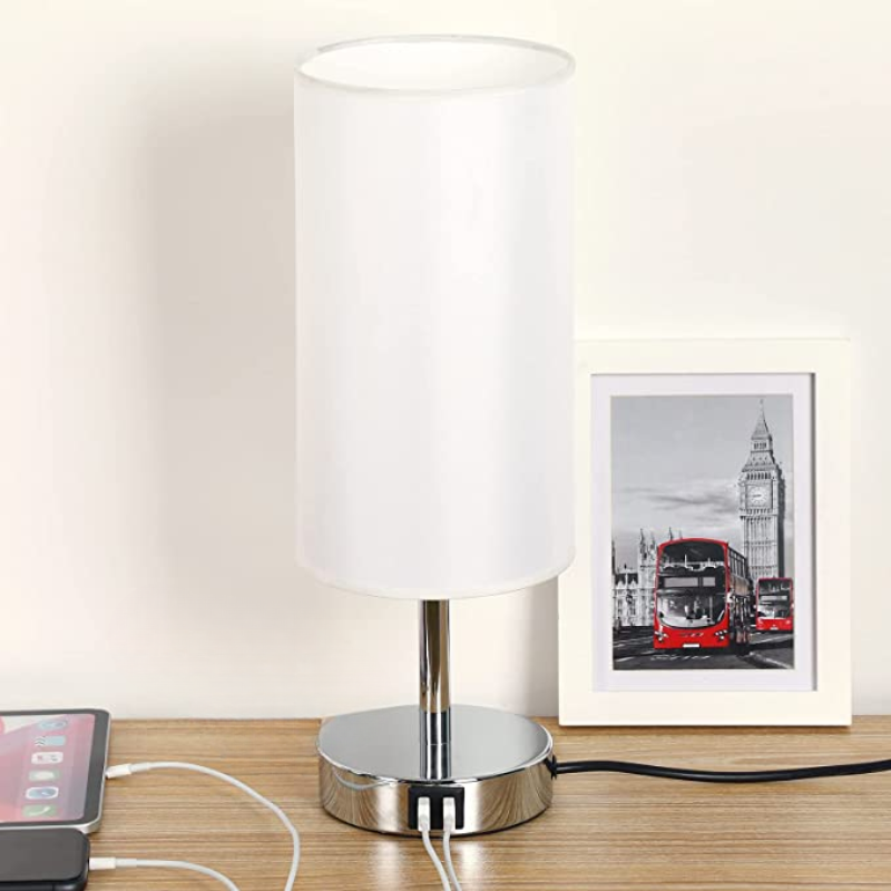 Lampe med USB-forbindelse Touch-Control Bordlampe til Soveværelse Træ 3-trins dæmpbar Sengelampe med Rund Linned Skærm til Stue, Studenterbolig, Hjemmekontor