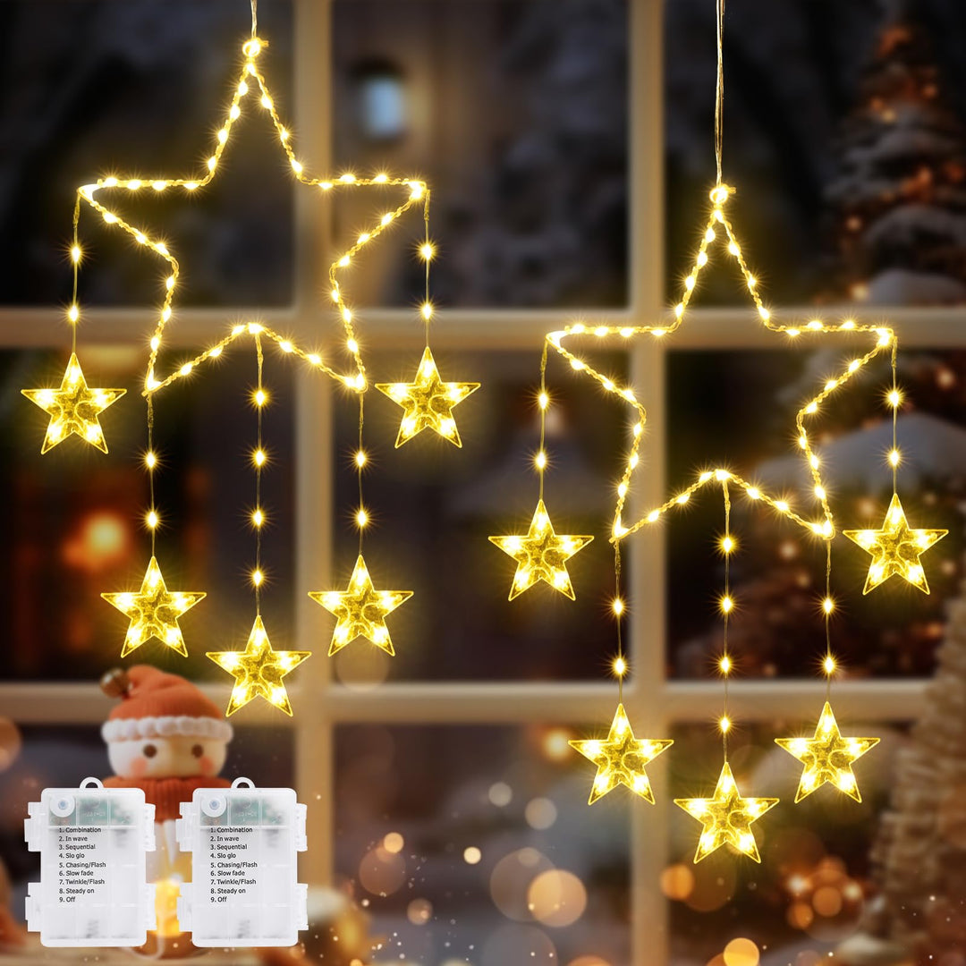 Quntis 2Pcs 95cm Store Julevindueslys, 84LED 12 Stjerner Batteridrevne Jule Silhuet Funklende Stjerne Lys med Timer Hukommelse, 8 Tilstande Xmas Indendørs Udendørs Hængende Dekoration, Varm Hvid