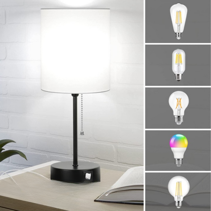 Bordlampe sæt af 2 med USB-opladningsporte, grå natlamper med AC-stik, natlamper med trækontakt, minimalistiske moderne skrivebordslamper med stofskærm til stue, soveværelse, kontor