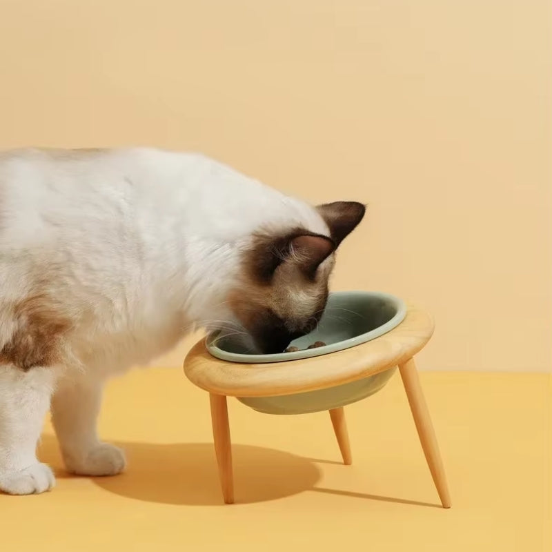Misha Keramisk Hævet Katte Skål med Træstativ