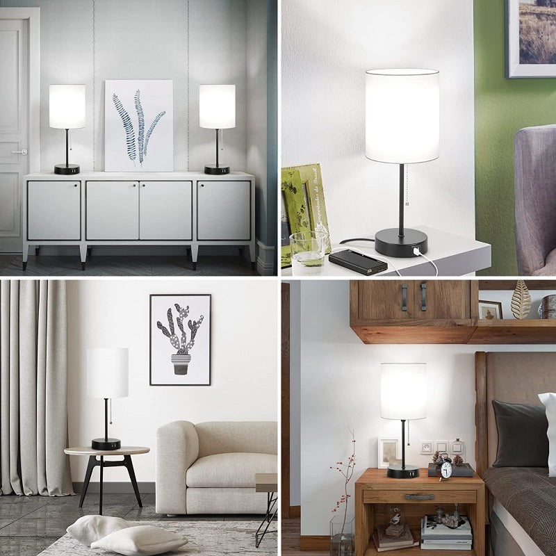 Bordlampe sæt af 2 med USB-opladningsporte, grå natlamper med AC-stik, natlamper med trækontakt, minimalistiske moderne skrivebordslamper med stofskærm til stue, soveværelse, kontor
