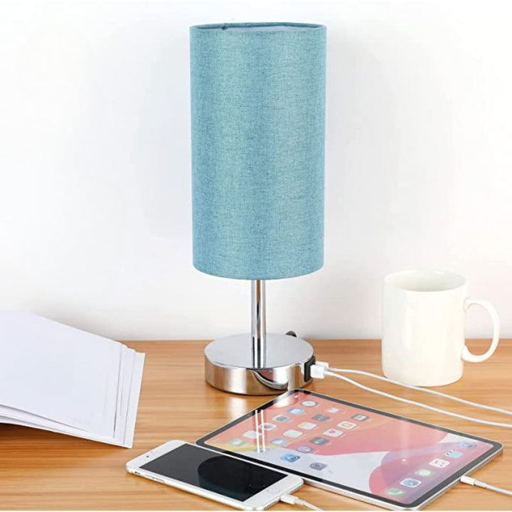 Lampe med USB-forbindelse Touch-Control Bordlampe til Soveværelse Træ 3-trins dæmpbar Sengelampe med Rund Linned Skærm til Stue, Studenterbolig, Hjemmekontor