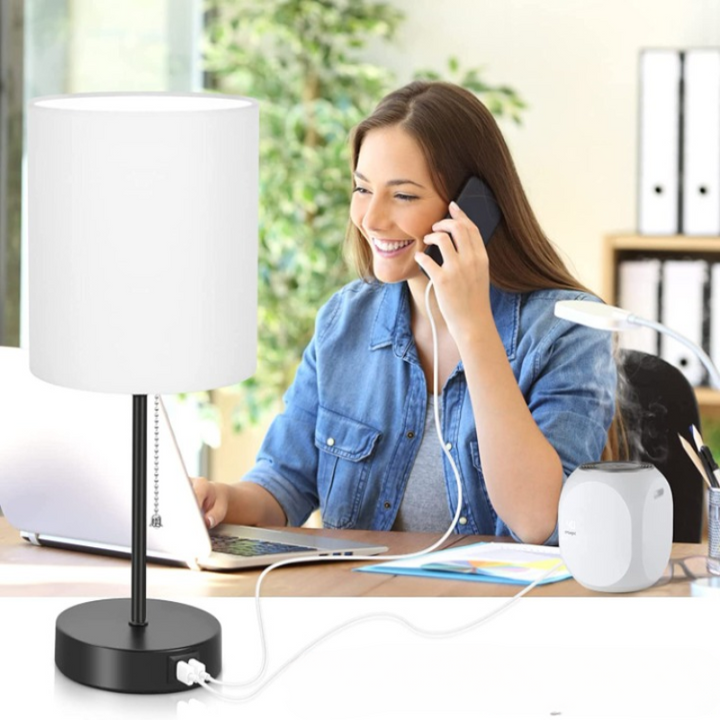 Bordlampe sæt af 2 med USB-opladningsporte, grå natlamper med AC-stik, natlamper med trækontakt, minimalistiske moderne skrivebordslamper med stofskærm til stue, soveværelse, kontor